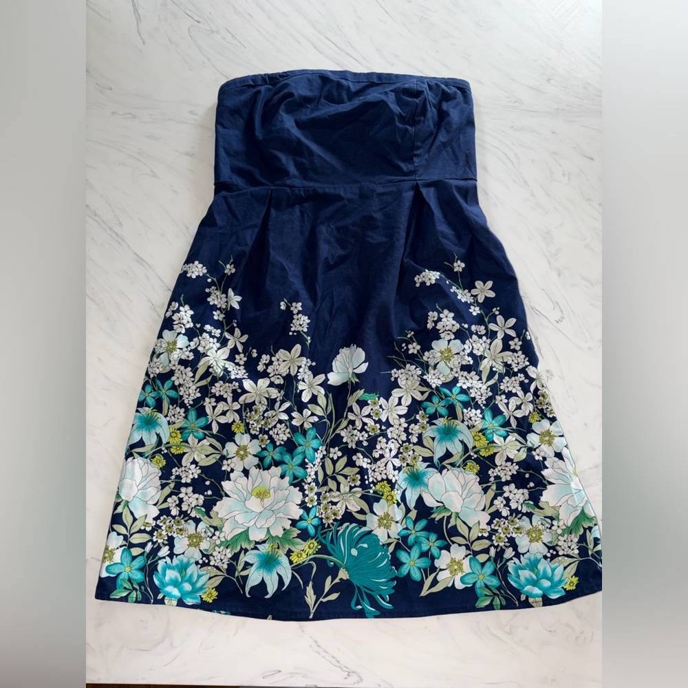Old Navy Navy Strapless Floral Dress with Teal & White Flowers